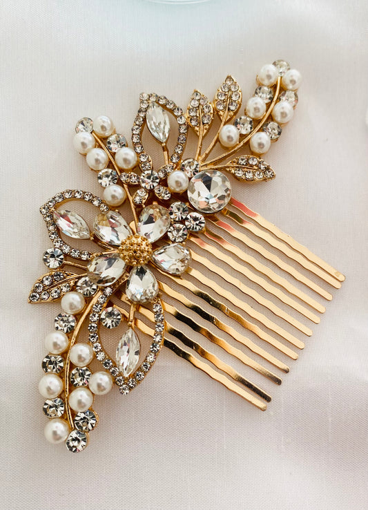 Sienna Gold Crystal & Pearl Comb