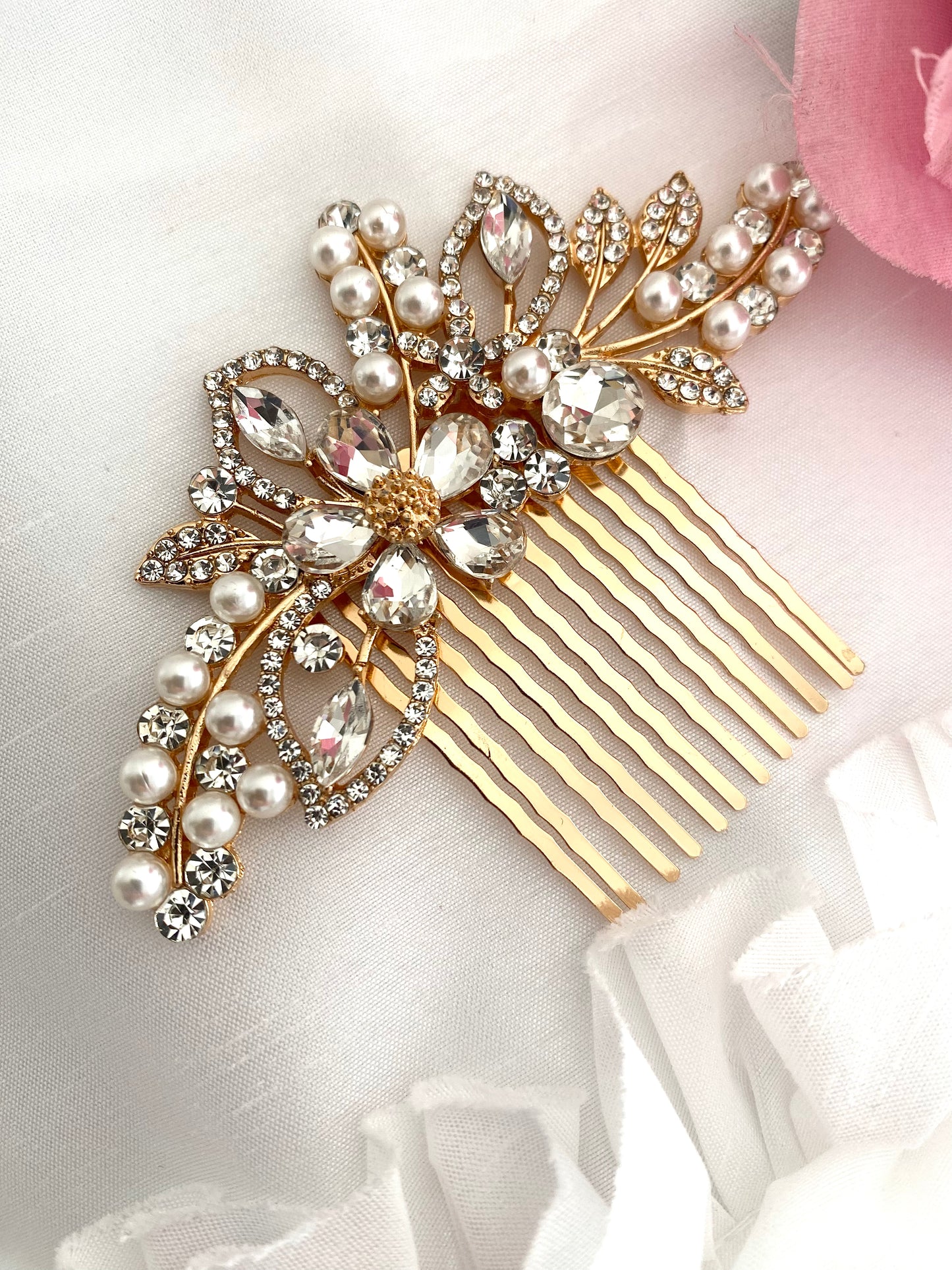 Sienna Gold Crystal & Pearl Comb