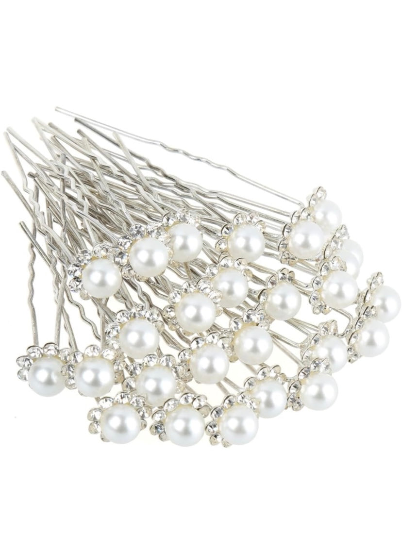 Pearl and crystal flower hair pins (Set of 20)