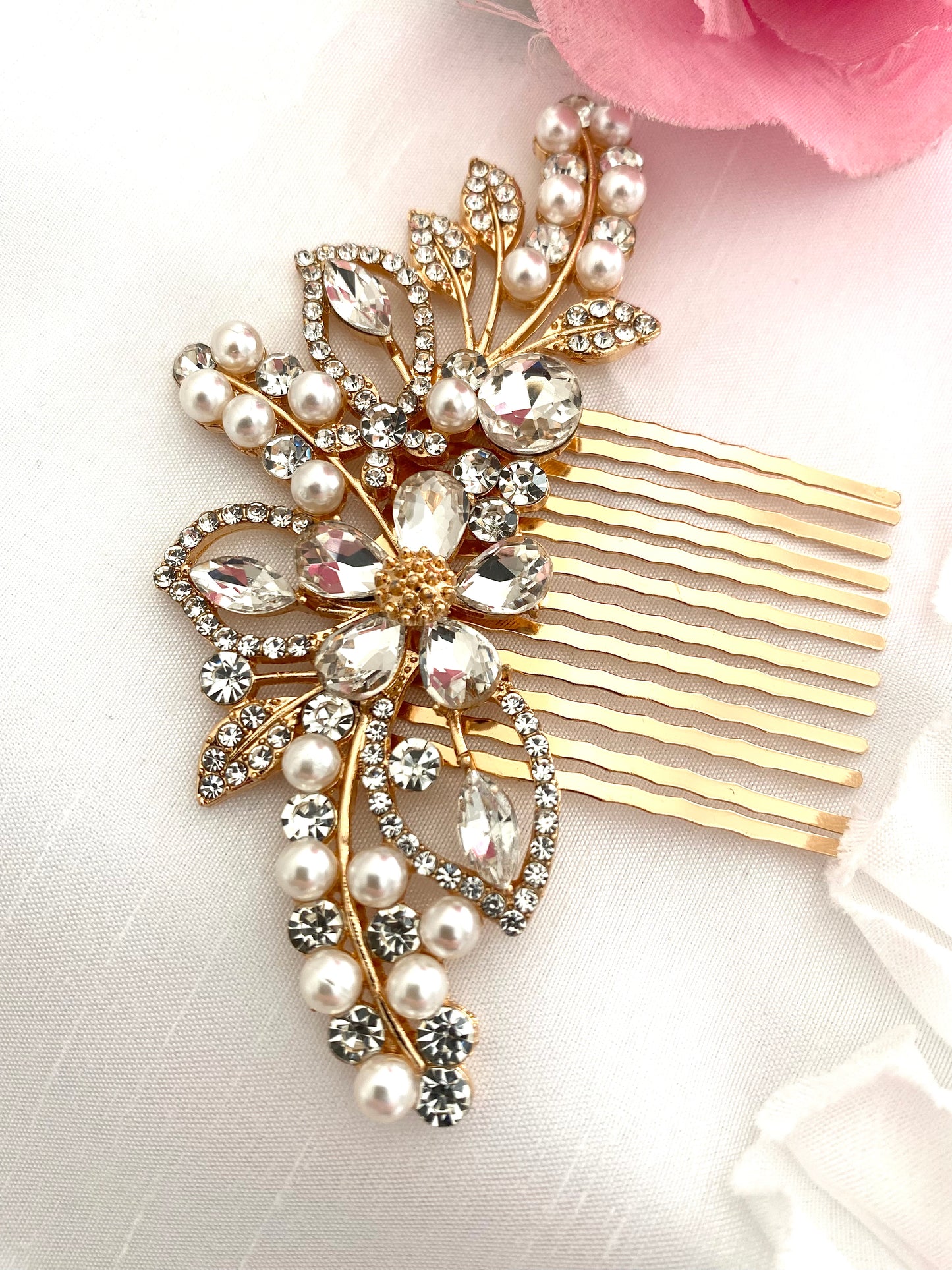 Sienna Gold Crystal & Pearl Comb