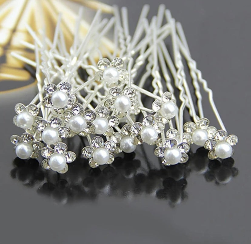 Pearl and crystal flower hair pins (Set of 20)